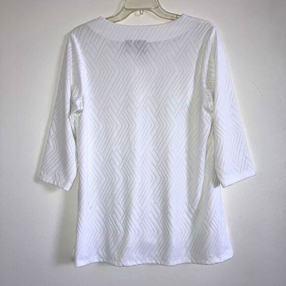CHICO’S sz M sz 1 Solid White Knit Embossed 3/4 Sleeve Blouse Top Tunic - Picture 3 of 5